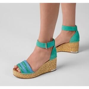 Franco Clemens Womens Raffia Espadrille Wedge Sandal US 6 M Blue Teal Suede NIB